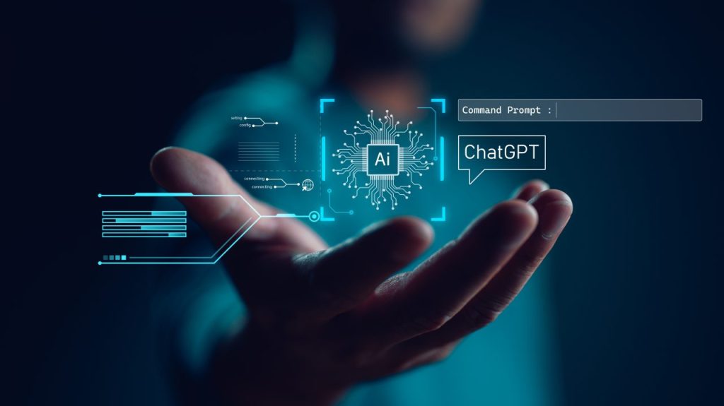 A person's hand holding graphics representing AI